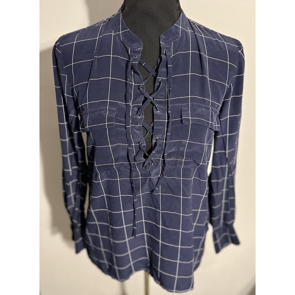 Madewell Shirt Womens XS Navy Windowpane Silk Lace-Up Long Sleeve Blouse Top - Picture 8 of 12